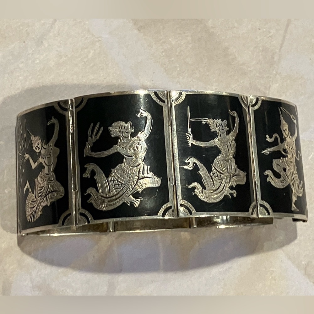 Vintage Siam Sterling-Silver Niello enamel Cuff Bracelet
